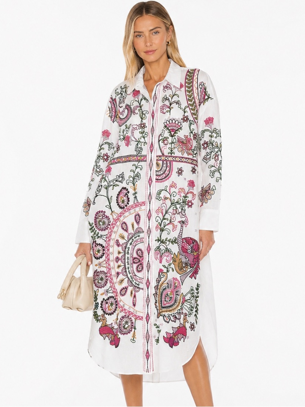 ZARA Embroidered Long Shirt Dress Tunic White Pink Green Boho Floral Size L